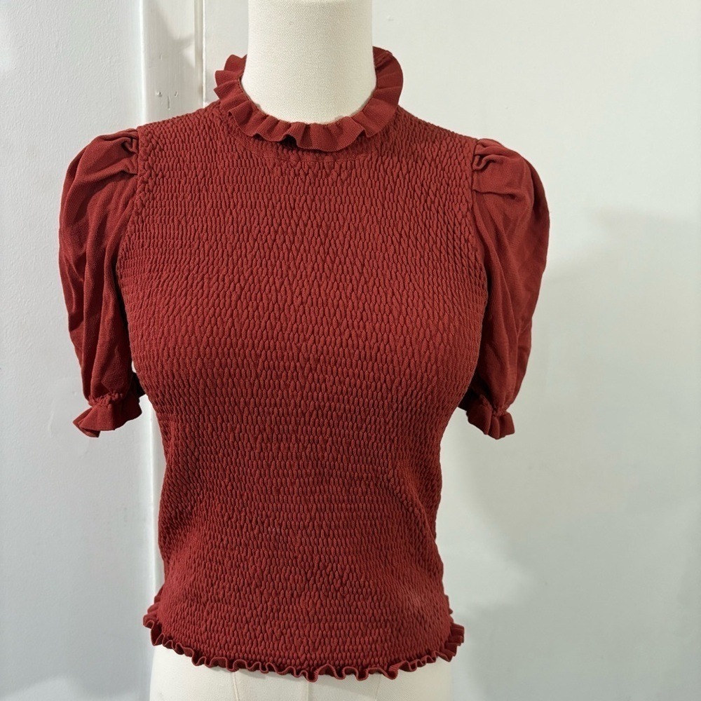 Catherine Malandrino Smocked Stretch Ruffle Top Women's Sz S Burnt Orange